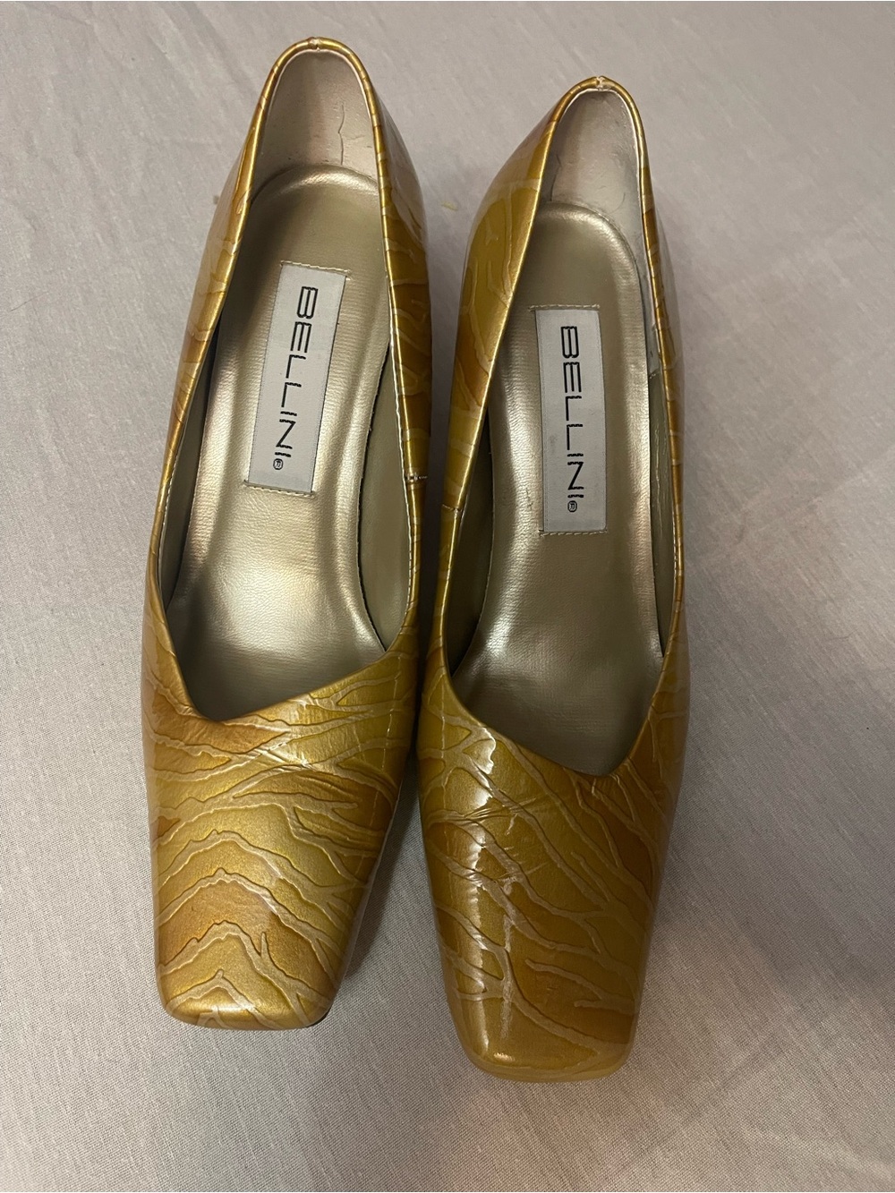 Vintage Bellini Metallic Mustard Textured Square-Toe Pumps